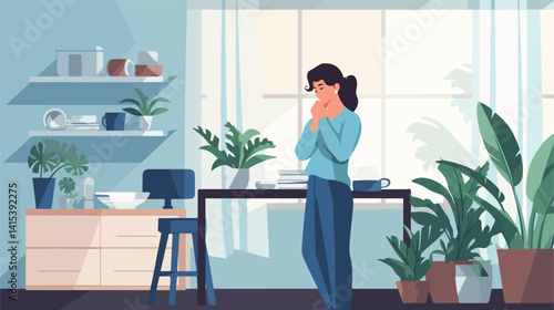 Mature Woman Experiencing Spine Pain at Home - Vector Illustration