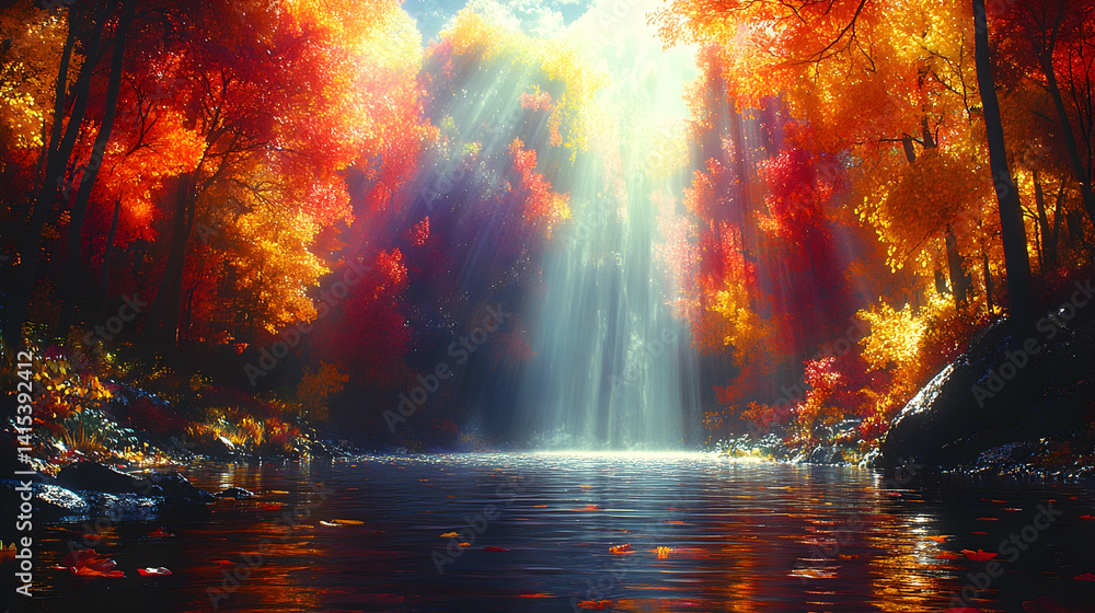 Fototapeta premium Autumn forest with orange and red trees reflect in the lake illuminated by sunrays streaming through the branches