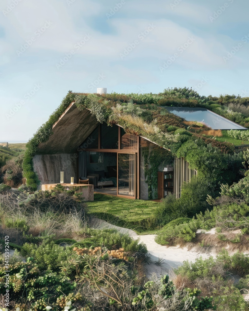 Eco-friendly, sustainable home nestled in a lush, natural setting. Modern, minimalist design blending seamlessly with the surrounding environment. Solar panels integrated into the green roof Eco-friendly, sustainable home nestled in a lush, natural setting. Modern, minimalist design blending seamlessly with the surrounding environment. Solar panels integrated into the green roof