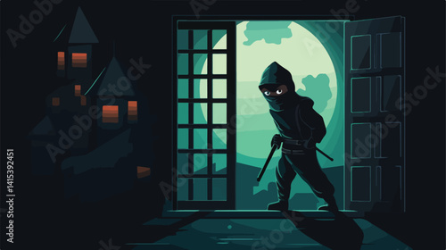 Mini Ninja Standing in Traditional Suit in Dark Environment