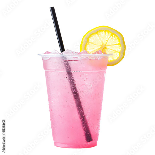 fresh icy pink lemonade on a transparent takeaway plastic cup, for logo mockup, png transparent background
