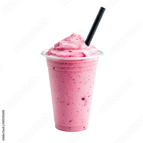 refreshing pink smoothie or frosted yogurt on a transparent takeaway plastic cup, for logo mockup, png transparent background
