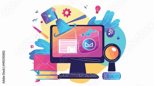 Modern Online Education Technology with Desktop Vector Illustration for E-Learning Platforms