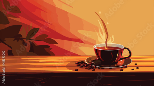 Pouring Hot Coffee from Cezve into Cup on Wooden Table