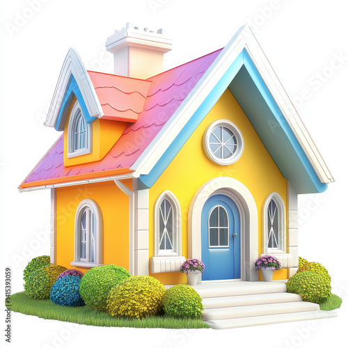 Colorful Cottage with Vibrant Roof and Lush Garden Landscape