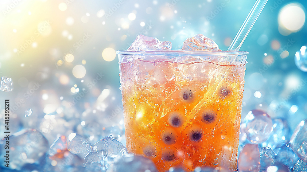 Icy bubble tea in clear cup with boba