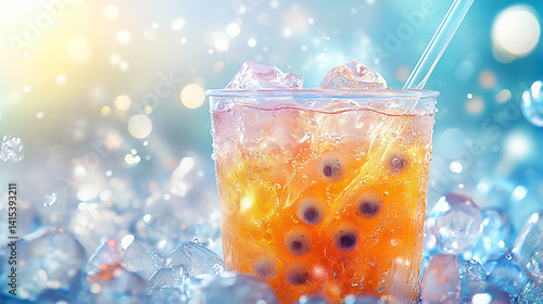 Obraz na płótnie Icy bubble tea in clear cup with boba w salonie