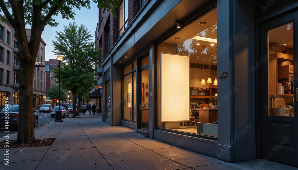 Urban street view showcasing a modern shop at dusk Urban street view showcasing a modern shop at dusk