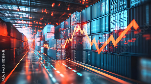 Conceptual image of increasing import tariffs, shipping containers stacked with price tags, upward arrows, bar charts, and money symbols, global trade theme, economic tension vibes