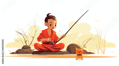 Shaolin Boy Eating Noodle in Orange Traditional Dress - Authentic Asian Culture Vector Illustration