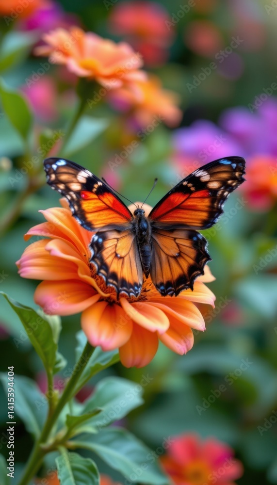 Fototapeta premium vivid butterfly resting on a flower, using soft shades of orange, pink, and yellow, delicate contours that add texture to the petals, natural elegance of the butterfly in its environment