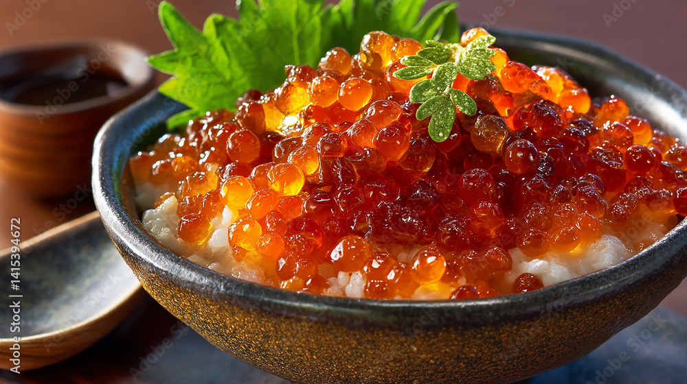 Ikura salmon roe over rice glossy orange pearls