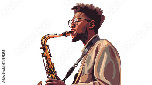 Young Man Playing Saxophone on White Background Vector Illustration