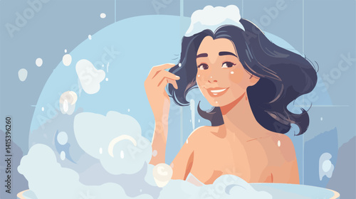 Charming Woman Playing with Foam in Bathroom Vector Illustration