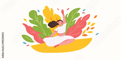 A vibrant illustration of a woman in joyful movement, surrounded by colorful leaves and natural elements. Capturing a feeling of freedom and a connection with nature, exuding positivity and dynamism.