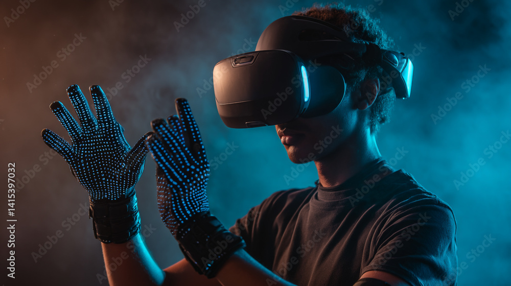 Immersive VR Headset & Smart Gloves: Revolutionizing Futuristic Gaming with High-Tech Sensory Devices & Neon Lights Experience