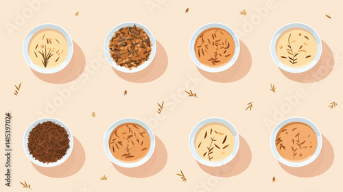 Dry Tea Leaves in Bowls on Light Color Background - Top View