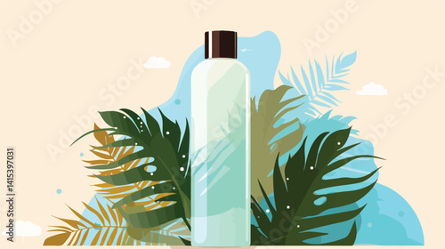 Luxurious Bottle of Shower Gel with Foam and Palm Leaf on Light Background
