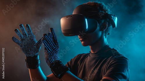 Obraz na płótnie Immersive VR Headset & Smart Gloves: Revolutionizing Futuristic Gaming with High-Tech Sensory Devices & Neon Lights Experience w salonie