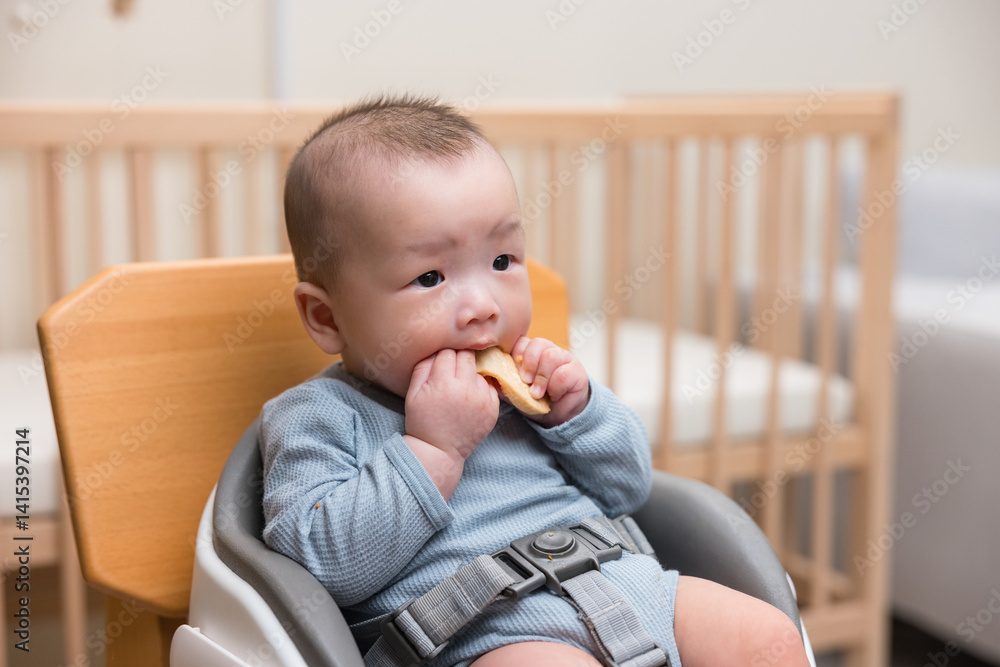Little Toddler Tasting Crunchy Rice Cracker Snack