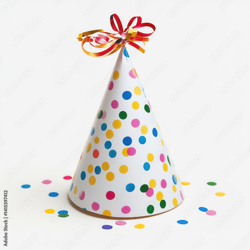 Colorful party hat with ribbon and confetti celebrating a festive occasion Colorful party hat with ribbon and confetti celebrating a festive occasion