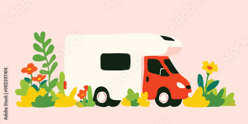 A charming campervan, surrounded by cheerful blooms, embodies the spirit of freedom and adventure, painted in a vibrant and playful illustration style.
