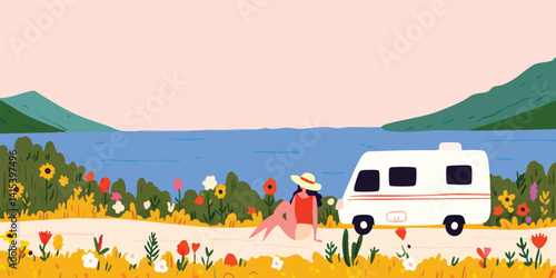 Woman relaxing by campervan near ocean with blooming flowers.