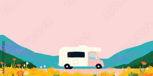A charming camper van cruises along a scenic road, offering a unique vacation, symbolizing freedom and adventure. Perfect for illustrating travel and exploration.