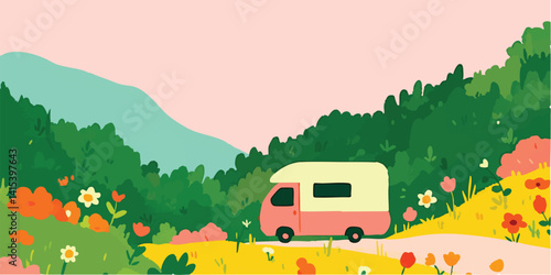 An animated campervan embarks on a vibrant road trip through an idyllic landscape, capturing the spirit of exploration and freedom.