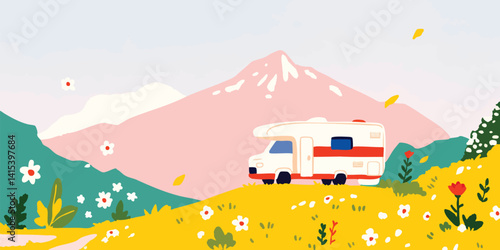 motorhome parked on a hill overlooking a mountain landscape with flowers.