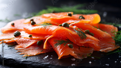 Savory Delicate Smoked Salmon Lox Slices with Fresh Dill and Capers on Black Slate Background
