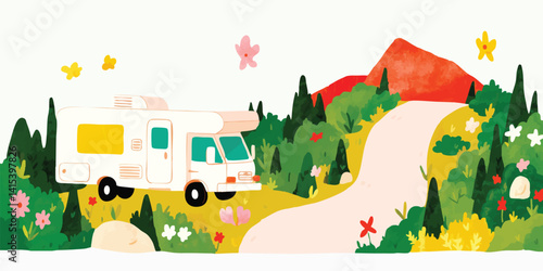 A vibrant illustration showcases a campervan parked on a scenic road leading through a lush landscape, evoking feelings of wanderlust and adventure.