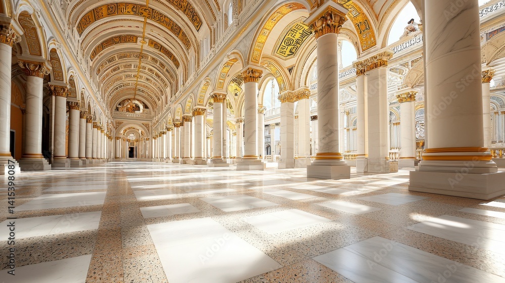 Fototapeta premium Grand Hall with Marble Columns and Golden Accents.