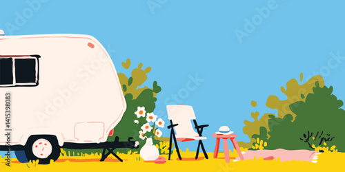 A serene illustration depicts a camper trailer set up in a sunny field, accompanied by chairs, flowers, and a person basking in the sun, conveying a sense of tranquility and leisure.