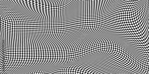 Black and white psychedelic pattern. Checkerboard wavy design for banner. Abstract warped effect background. Y2k distorted print. Optical illusion. Vector illustration