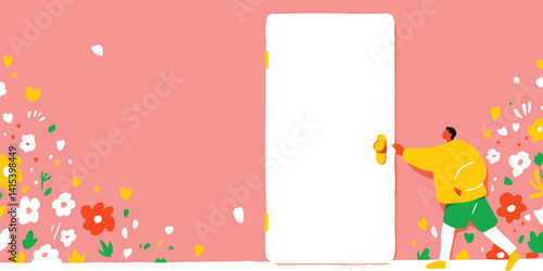A person in anticipation is opening the door to an exciting opportunity, represented with flowers around.