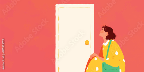 A woman sits contemplating the choice that lays before her by a closed door, captured in a captivating artistic scene. 