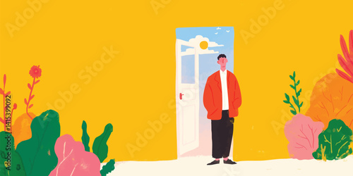 A contemplative individual stands at the threshold of a newly opened door, gazing out into a brighter world filled with sunshine and endless opportunities.