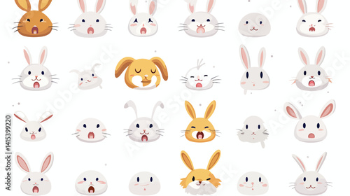 Adorable Tiny Rabbit with Cute Hares in Various Emotional Expressions and Emoji Collection EPS
