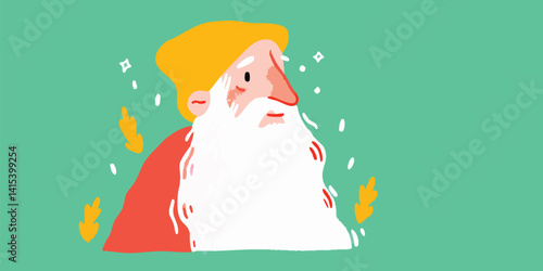 A whimsical illustration of an elderly man with a long, flowing white beard, wearing a red garment, set against a teal backdrop.