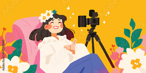 Happy girl live streaming with camera