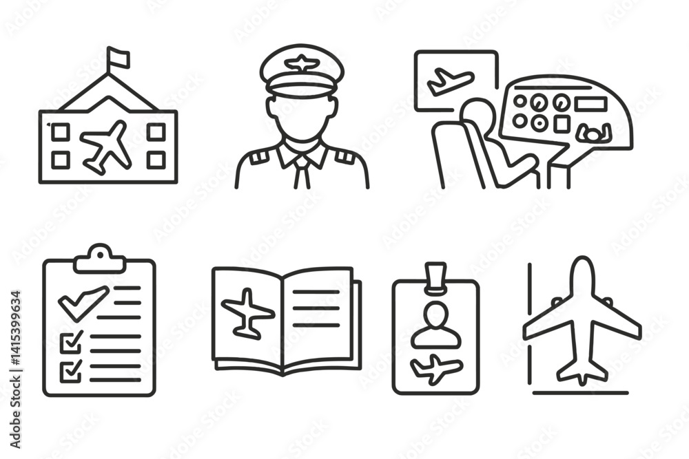outline vector icons of aviation training: flight school, student pilot, simulation seat, cockpit trainer, training checklist, logbook, instructor badge, aircraft schematic. set of line style icons outline vector icons of aviation training: flight school, student pilot, simulation seat, cockpit trainer, training checklist, logbook, instructor badge, aircraft schematic. set of line style icons