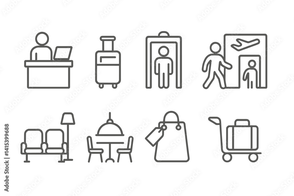 outline vector icons of airport experience: check-in icon, baggage icon, security scan, boarding gate, waiting lounge, food court, duty free icon, travel cart. ine style icons in a modern, minimalist outline vector icons of airport experience: check-in icon, baggage icon, security scan, boarding gate, waiting lounge, food court, duty free icon, travel cart. ine style icons in a modern, minimalist