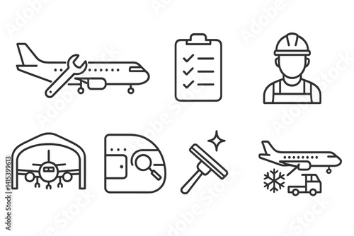 outline vector icons of airplane maintenance: wrench on jet, fuel truck, service checklist, mechanic icon, aircraft hangar, inspection panel, cleaning icon, deicing symbol. set of line style icons in