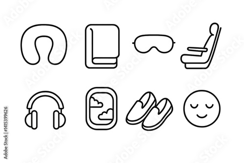 outline vector icons of travel comfort: neck pillow, blanket, eye mask, reclined seat, headphone, window view, comfortable shoes, calm mood. set of line style icons in a modern, minimalist design.