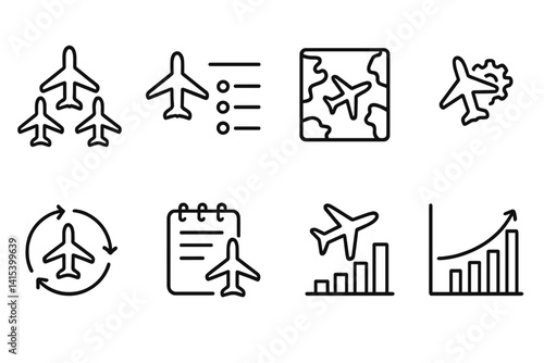 outline vector icons of airplane fleet management: fleet icon, airplane list, fleet map, maintenance status, flight logs, rotation icon, aircraft utilization, capacity chart. ine style icons in a