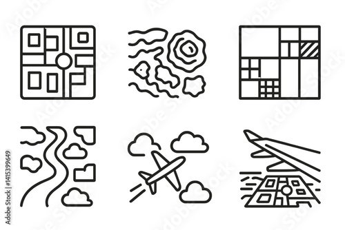 outline vector icons of drone photography: drone with cam, aerial view, flight path, gimbal, propellers, drone controller, GPS lock, altitude icon., set of line style icons in a modern, minimalist