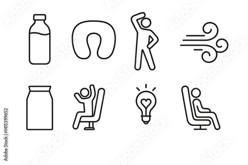 outline vector icons of inflight health: hydration icon, travel pillow, stretch icon, air quality symbol, motion sickness bag, seated stretches, wellness tip, leg room icon. set of line style icons