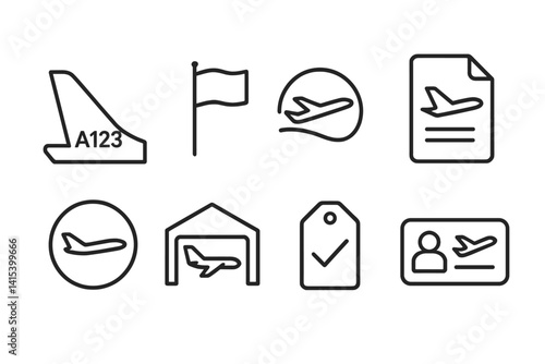 outline vector icons of air traffic and globe: flight paths, plane over map, airport hub, destination globe, air route lines, aircraft icon, travel radar, runway icon. set of line style icons in a