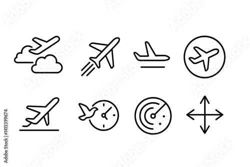 outline vector icons of sky travel icons: flying clouds, jet trail, plane in circle, departure icon, arrival time, bird near plane, radar sweep, directional arrows. set of line style icons in a